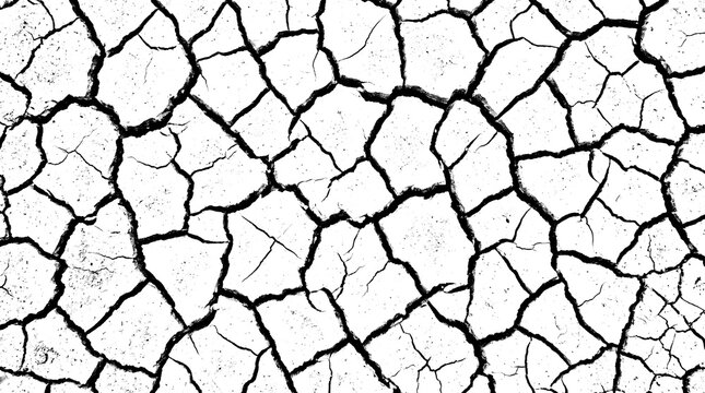 Black and white cracked earth texture pattern isolated on transparent background