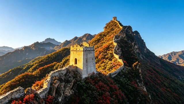 Great Wall of China in Beijing during autumn with golden foliage and watchtower
