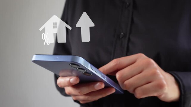 User interacts with smartphone, digital house icon floats above
