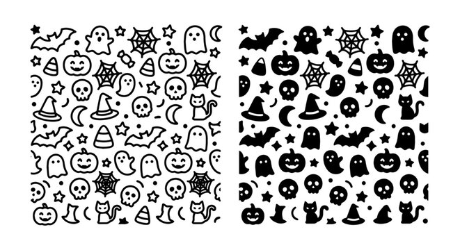 Halloween Icons Pattern, Spooky Vector Graphics, Cute Ghost & Pumpkin Designs, Black and White Graphics