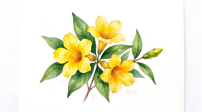 Beautiful watercolor illustration of yellow trumpet flowers with green leaves isolated on a white background for floral design projects