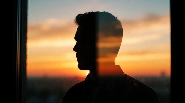 Male silhouette profile looks through apartment window at orange sunset sky. Man stands inside room watching evening horizon light. Double exposure effect blends human face with clouds. Calm person