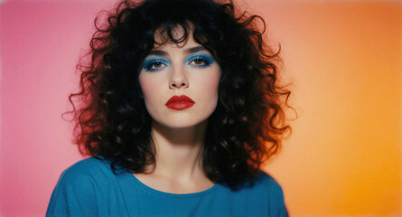 Obraz premium Woman with big curly dark hair wears blue shirt bright blue eyeshadow red lipstick. Studio shot with pink orange gradient backdrop. style photo.