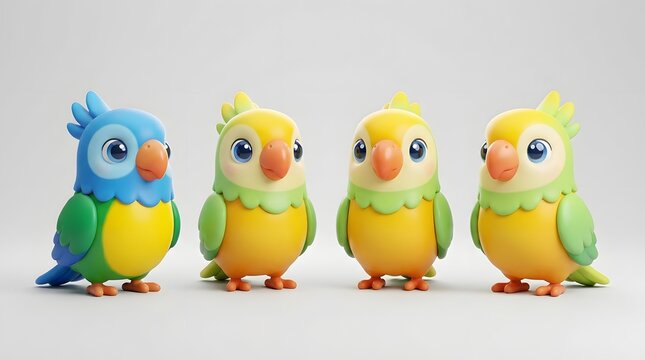 A collection of four adorable colorful cartoon parrots standing in a row against a clean light grey studio background