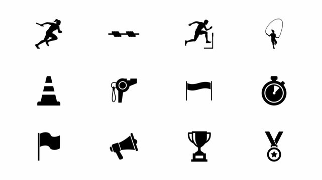 Black and white minimalist icons set with victory symbols against neutral background representing athletic activities collection twelve minimalist
