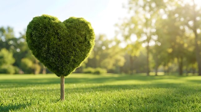 A beautiful heart shaped tree standing in a lush green meadow during a bright and sunny spring morning time