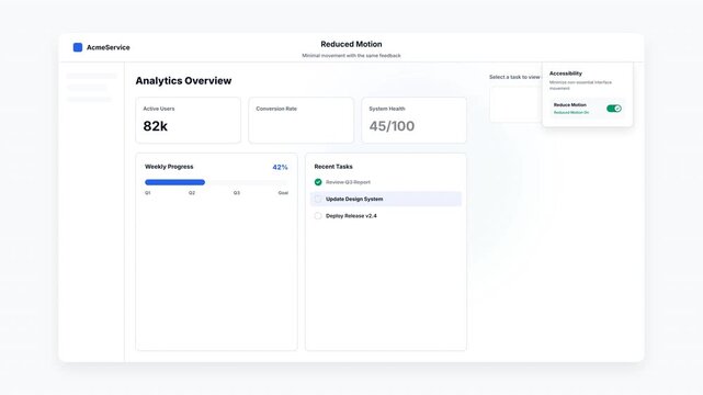 Clean minimalist software interface dashboard displaying analytics metrics and accessibility settings on a white background for professional digital technology presentations