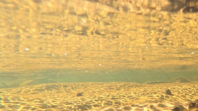 Underwater View of Golden Sun Rays in a Freshwater Stream