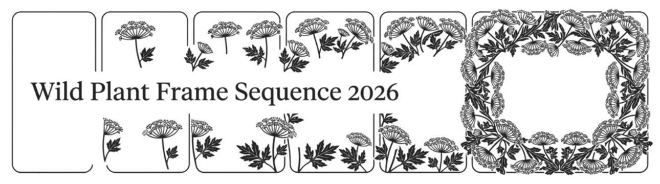 Various Wild Plants Frame Sequence Illustration 2026 with Black Botanical Border Silhouette Design