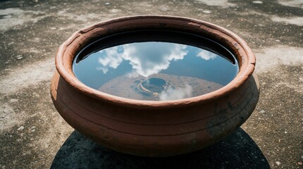 Naklejka premium Traditional Indian clay pot filled with rainwater shows sky and cloud reflection. Rustic earth vessel sits on concrete ground under sunlight. Natural cooling resource.