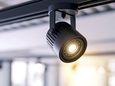 Matte black track lighting head on ceiling rail in modern gallery interior