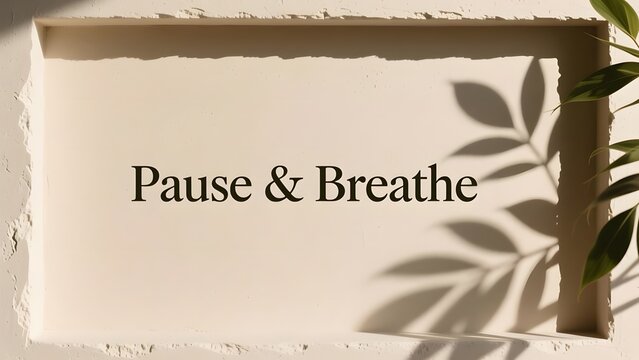 Pause and Breathe inspirational quote on textured paper, minimalist wellness message with botanical shadows, serene mental health concept background