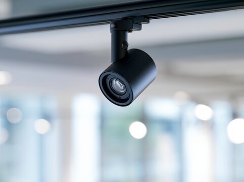 Matte black track lighting head on a ceiling mounted rail in a modern gallery