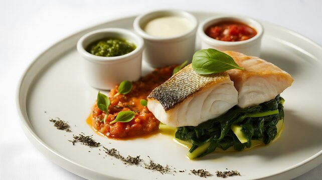 Fresh grilled fish served on a bed of spinach with tomato sauce and three dipping sauces basil garnish and herbs sprinkled around plate