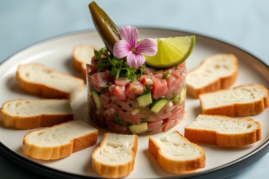 Fresh tuna tartare served on a white plate surrounded by crispy bread slices garnished with lime pickled ginger and edible flower