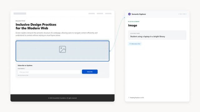 Educational motion graphic design showing web accessibility software highlighting image alternative text features within a clean digital software interface dashboard