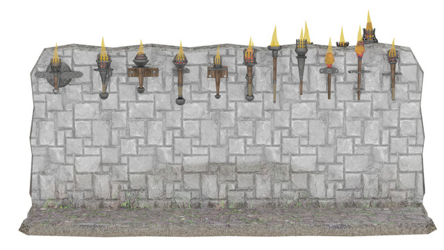 3d rendering of a wall displaying various torches and lights