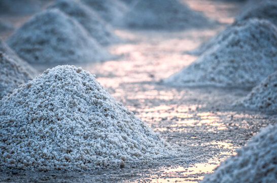 Sea salt piles in traditional salt farm during solar evaporation process for natural sodium chloride production and sustainable mineral harvesting in Thailand. Organic sea salt crystallization.