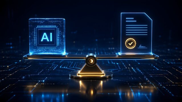 Futuristic scale balancing a glowing blue AI processor chip and a verified legal document representing the intersection of technology and law.