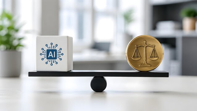 Office desk setting with a black balance scale weighing an AI chip block against a golden coin with justice scales symbolizing legal tech ethics.
