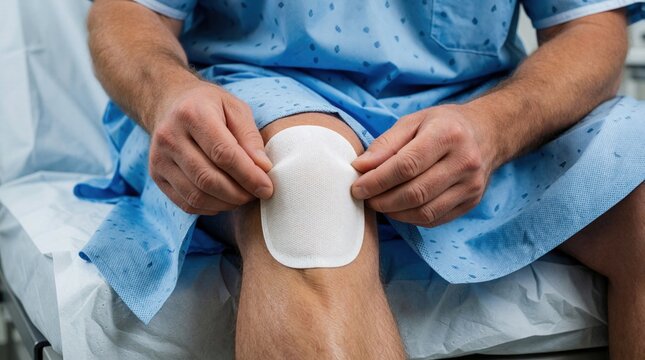 Male patient in blue hospital gown applies medical adhesive patch on painful knee joint. Person uses pharmacy medication strip for joint relief after leg injury orthopedic surgery. Man sits on clinic