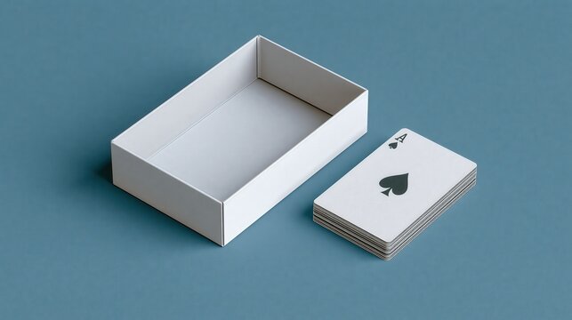 A white box rests beside a fanned deck of cards showing the ace of spades.