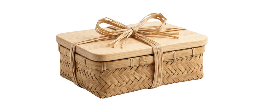 A natural woven bamboo box with a raffia bow, presented on a clean white background, evoking a rustic and eco-friendly gift concept.