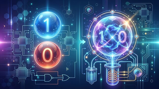 Quantum computing concept with binary bits and qubit spheres