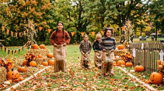 Children enjoy a festive sack race during an autumn harvest celebration outdoors