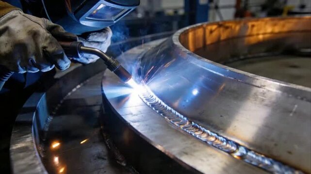 Professional MIG Welding Torch Creating Precision Weld Seam on Curved Steel Plate in Modern Industrial Fabrication Workshop