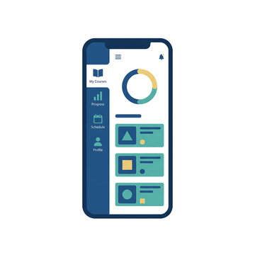 Mobile application interface on a smartphone displaying a dashboard with course progress, schedule, and profile options, featuring a pie chart and list items.