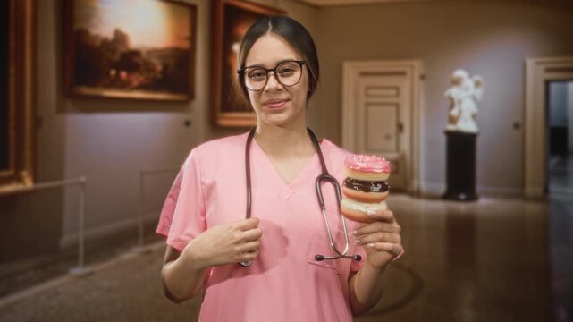Woman doctor in pink scrubs holds stacked doughnuts and stethoscope, touches chest inside an art gallery building; playful indulgence.