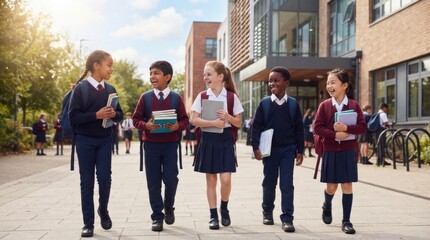 Obraz premium Diverse group of schoolchildren in uniform laughing and walking outside school building