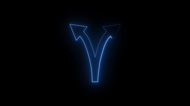 Neon blue glowing split arrows motion dual direction path concept, choice and decision making symbol on black background