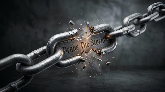 Broken metal chain link with engraved text Brave The Storm