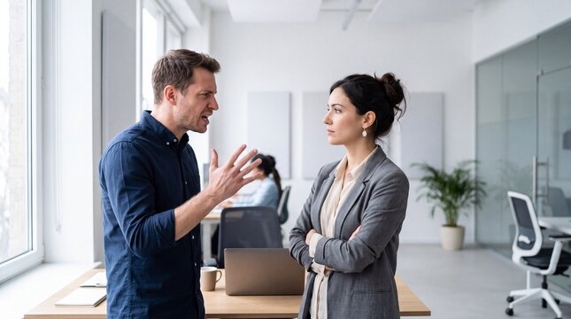 Professional office manager arguing with a female colleague in a modern workplace. White man and white woman standing face to face during tense business discussion in open plan office.