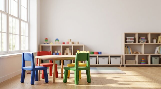 Colorful children chairs and table in bright modern playroom interior