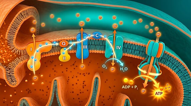 Diagram showing electron transport chain and atp synthesis in cells