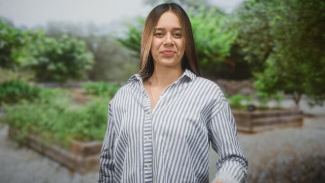 Woman giving thumbs up with striped shirt and visible right hand in community garden with raised beds and greenery, smiling at camera; optimism.