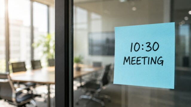 Meeting reminder on sticky note attached to glass wall of modern boardroom in corporate office space.