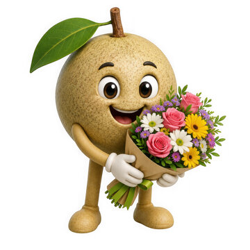 Cute sapodilla fruit cartoon character holding a beautiful bouquet of colorful flowers