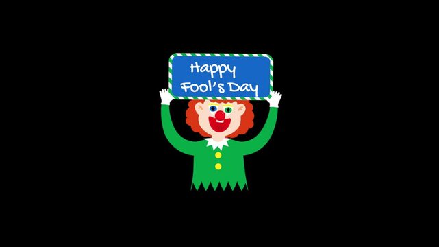 Clown character holds a blue sign with text that celebrates the annual humor and pranks on the holiday of April Fools Day.