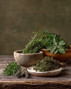 Fresh and dried culinary herbs on aged wood with clay bowl and imperfect ceramic dish showcasing wabi sabi botanical editorial styling
