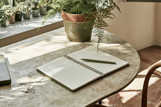 Open spiral notebook with a pen on a weathered wooden table with sunlight and botanical plants for slow living and journaling content