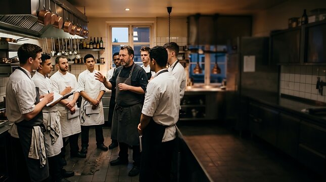Professional chef briefing a team of young cooks in a restaurant