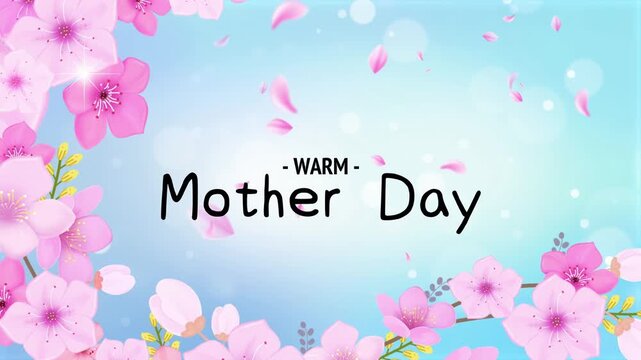 Cherry blossoms frame a soft blue background with text wishing a warm Mother Day to celebrate the special holiday for parents.