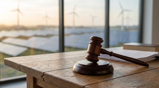 A gavel rests on a wooden desk in an office setting, with a backdrop of solar panels and wind turbines, symbolizing the intersection of law and renewable energy.