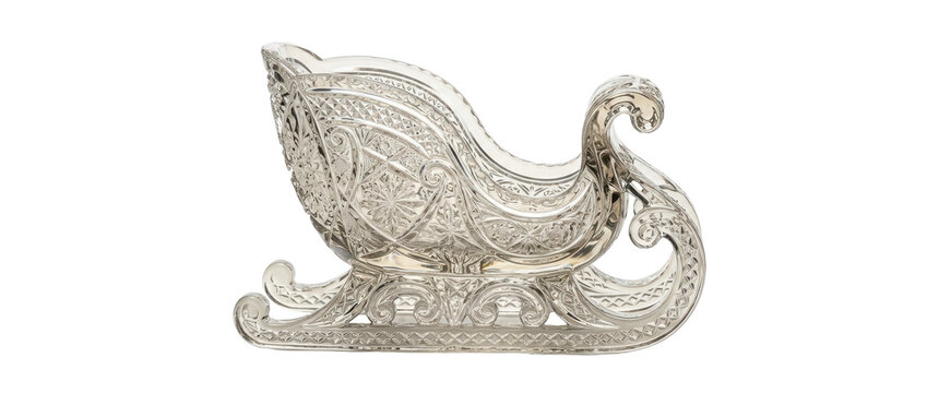 A detailed silver viking ship ornament with intricate carvings and a dragon head prow is displayed isolated on a white background.