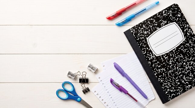 School supplies with composition notebook and pens on white wooden desk top view