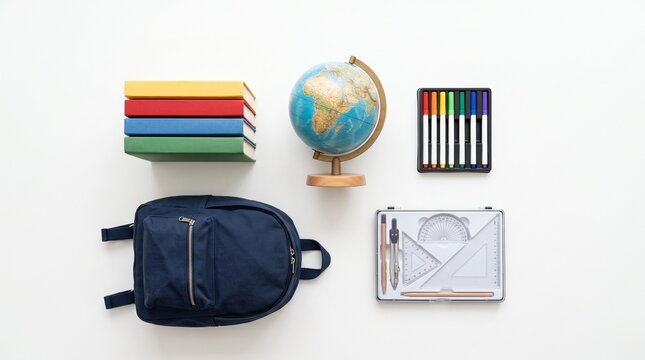 School supplies flat lay with backpack books globe and geometry set on white background